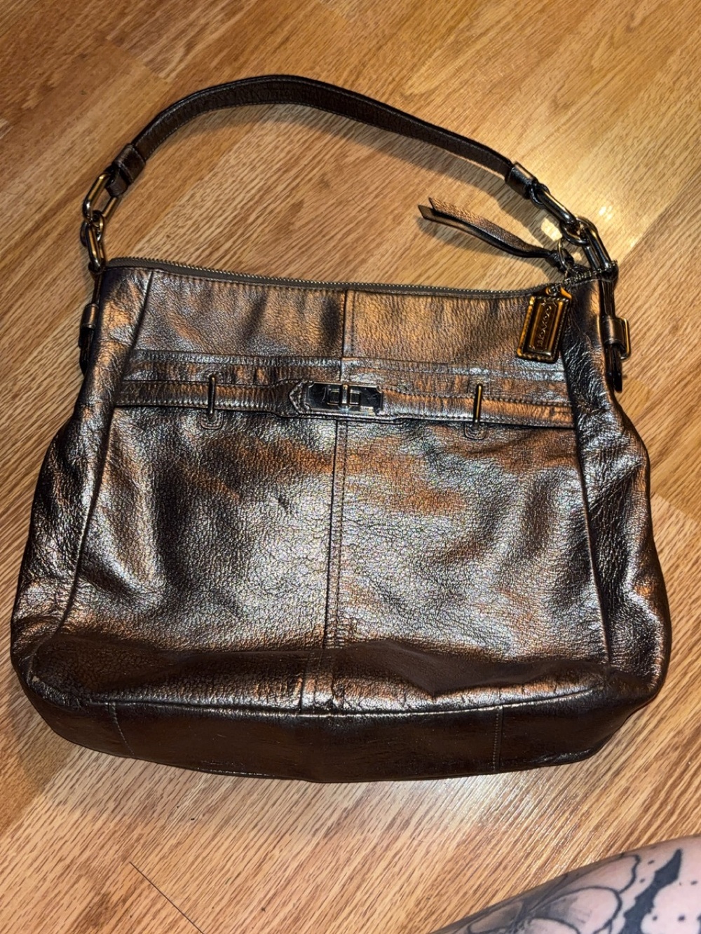 Coach Metallic Black Leather Shoulder Bag with Gold Hardware